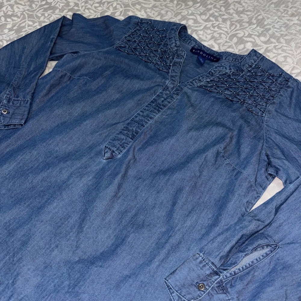 Bandolino‎ Womens Blue Denim Lyocell Blend Smocked Beaded V-Neck Tunic Top D32